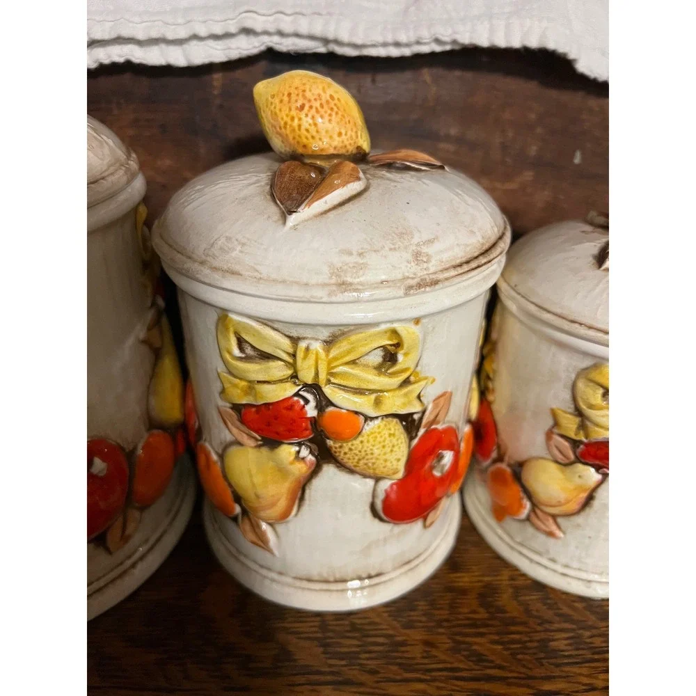 VTG Napcoware Japan 4 Piece Ceramic Fruit Canister Set Cream Grannycore
